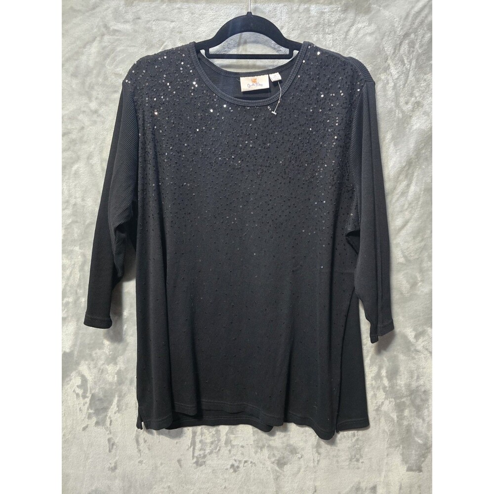 NWOT Quacker Factory Womens Shirt 1X Black 3/4 Sleeve Sequins Ribbed 100% Cotton - Picture 1 of 8